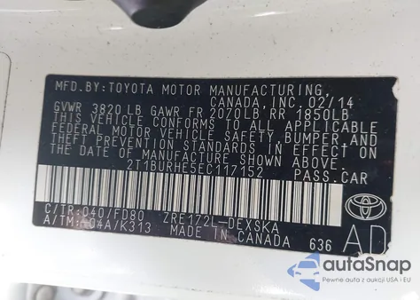 2014 Toyota Corolla S Plus z USA, uszkodzony, nr VIN 2T1BURHE5EC117152